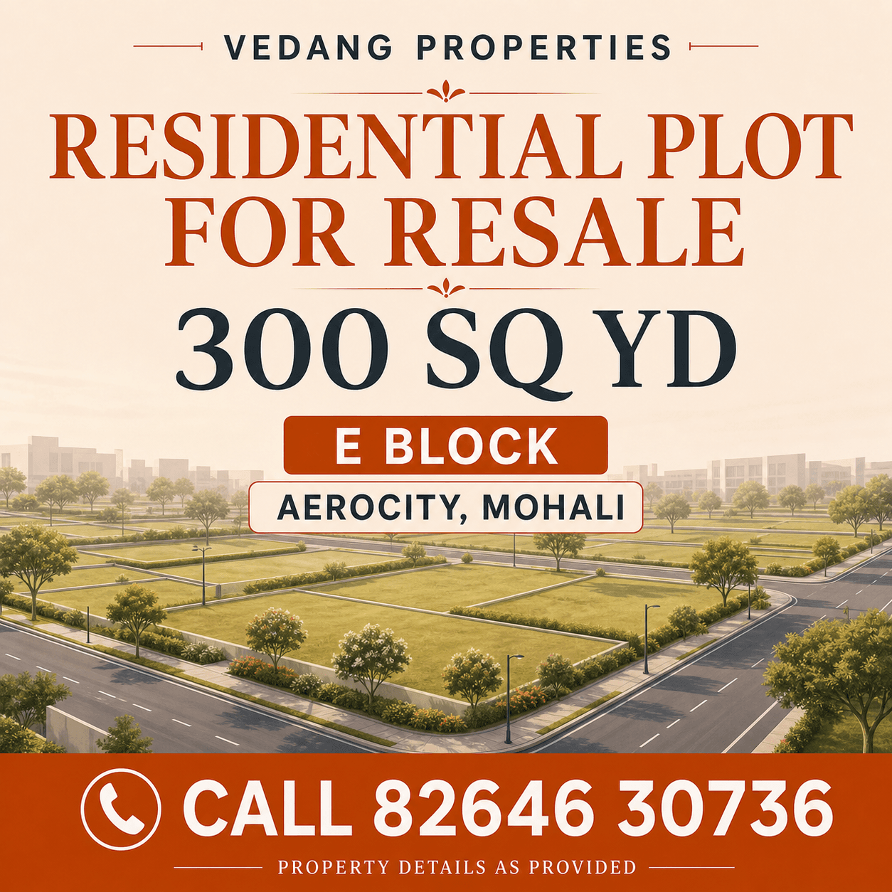 Branded conceptual listing graphic for a 300 square yard residential resale plot in E Block Aerocity Mohali