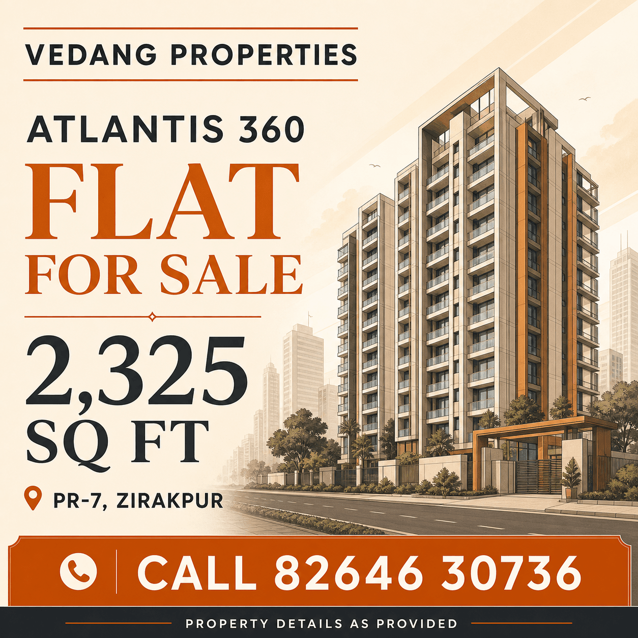 Branded conceptual listing graphic for a 2325 sq ft flat at Atlantis 360
