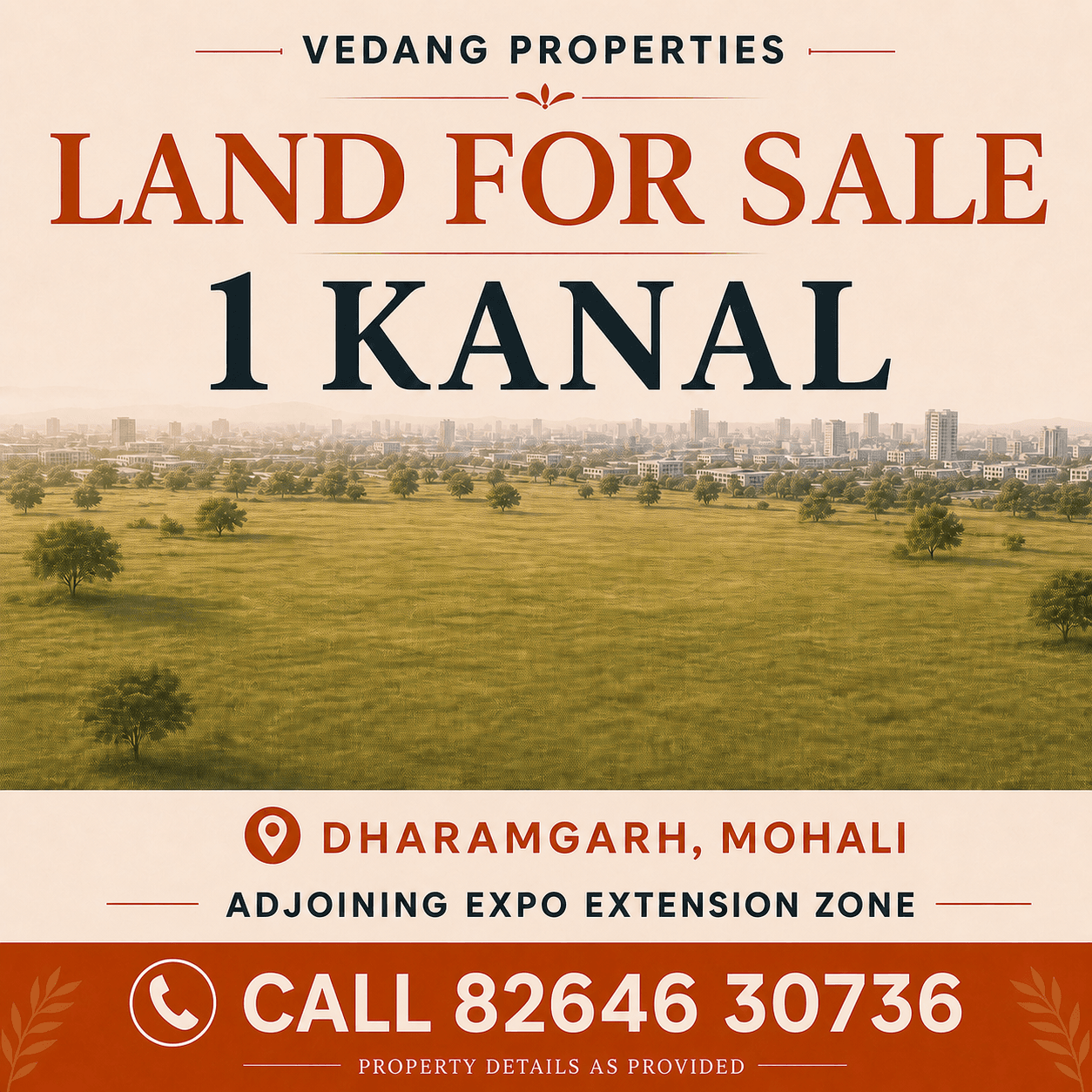 Branded conceptual listing graphic for one kanal of land at Dharamgarh Mohali