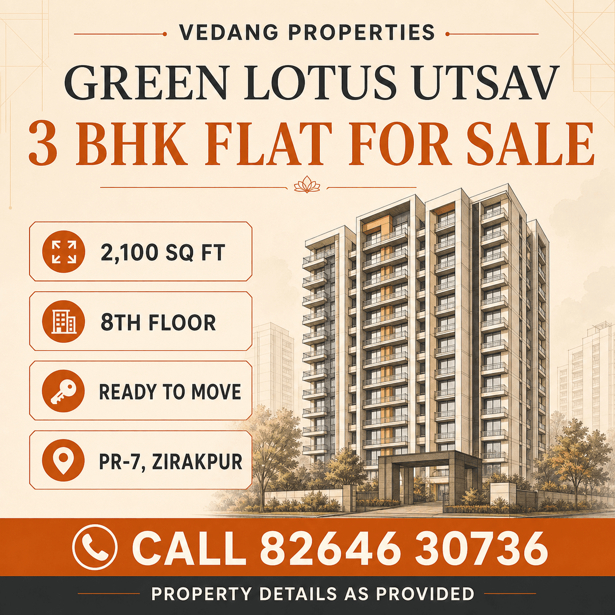 Branded conceptual listing graphic for a 2100 sq ft 3 BHK flat at Green Lotus Utsav
