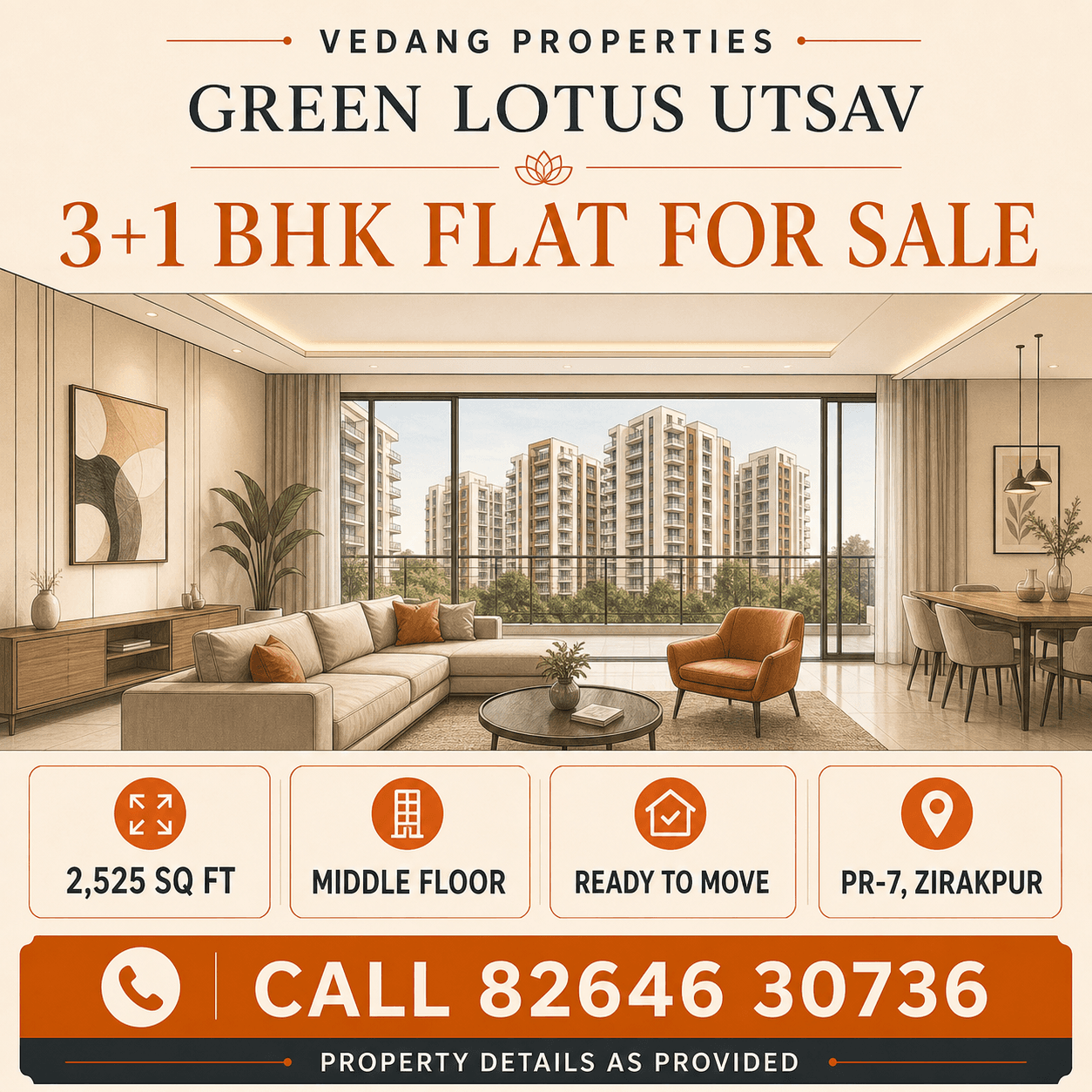 Branded conceptual listing graphic for a 2525 sq ft 3 plus 1 BHK flat at Green Lotus Utsav
