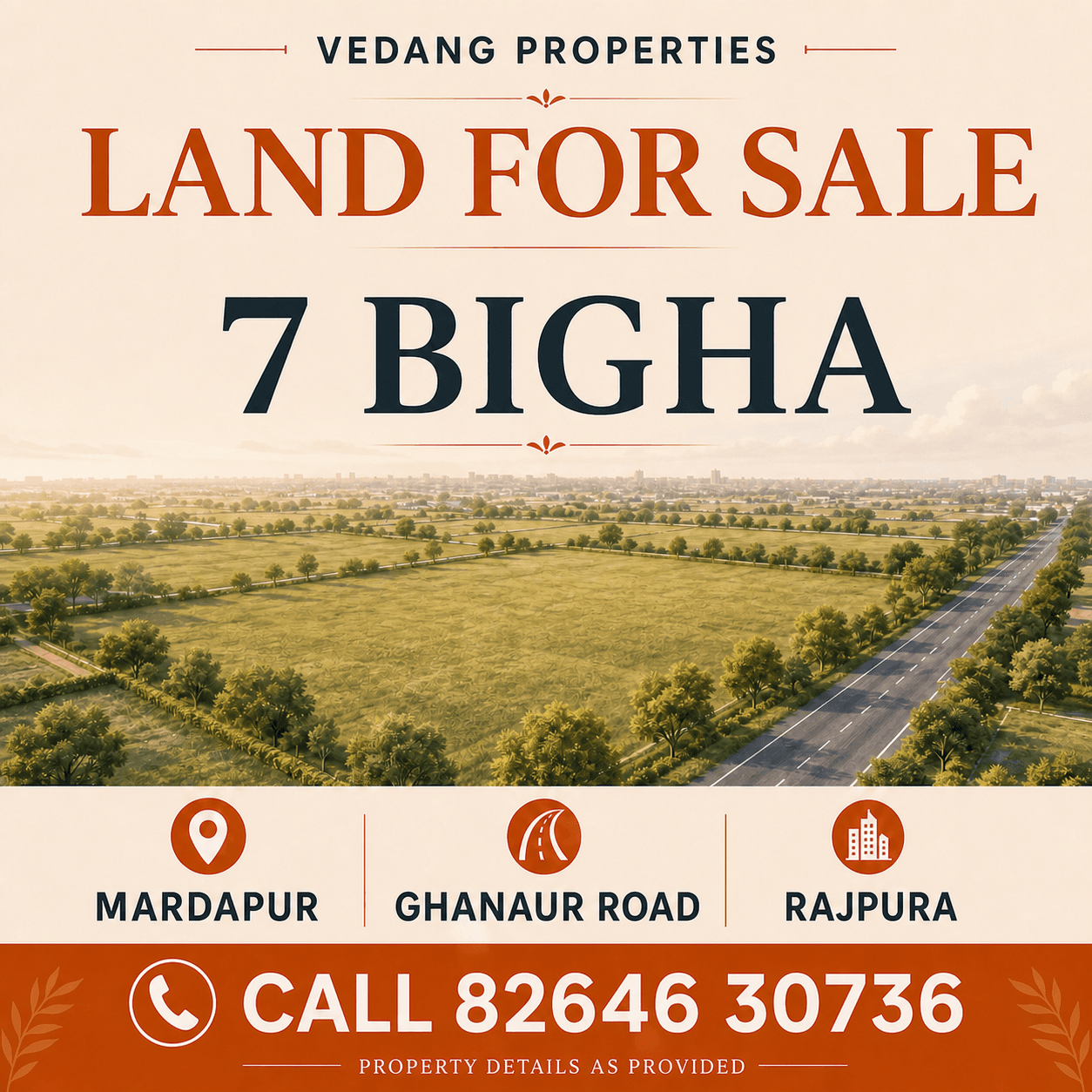 Branded conceptual listing graphic for 7 bigha of land at Mardapur on Ghanaur Road