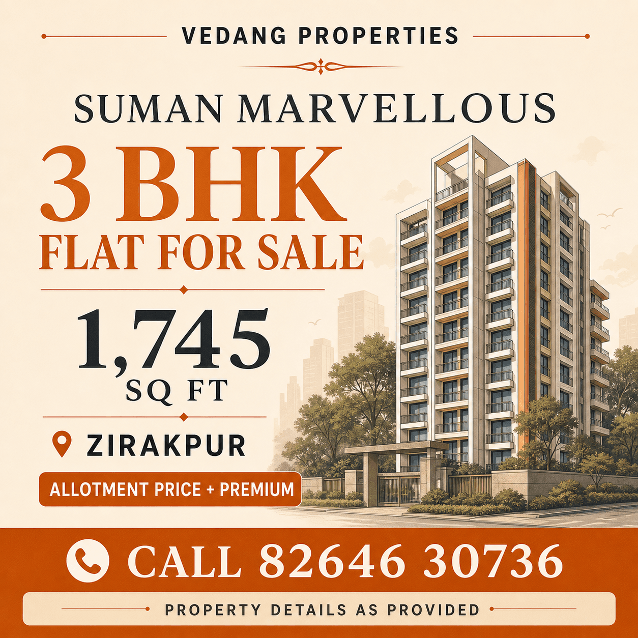 Branded conceptual listing graphic for a 1745 sq ft 3 BHK flat at Suman Marvellous